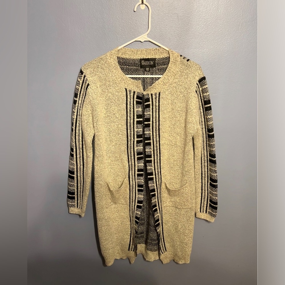 Mia Madison Women’s Open Long Cardigan Gray & Black Size MED Casual Boho Sweater